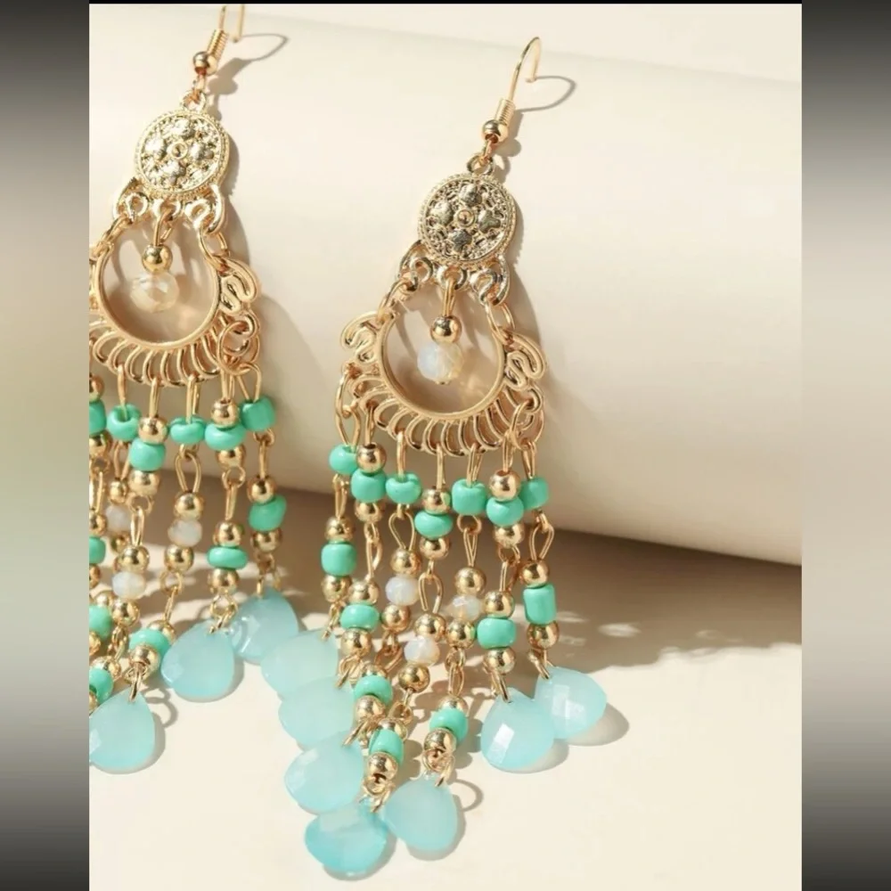 Exquisitely Exotic Hand Beaded Chandelier Earrings Blue, Green & Gold - Picture 4 of 9